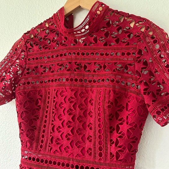 Self-Portrait High Neck Star Lace Panelled Dress in Red - Picture 4 of 7